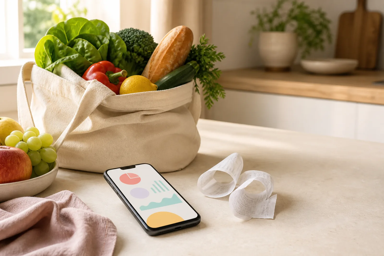 Groceries, receipts and a smartphone showing an overview of shopping habits